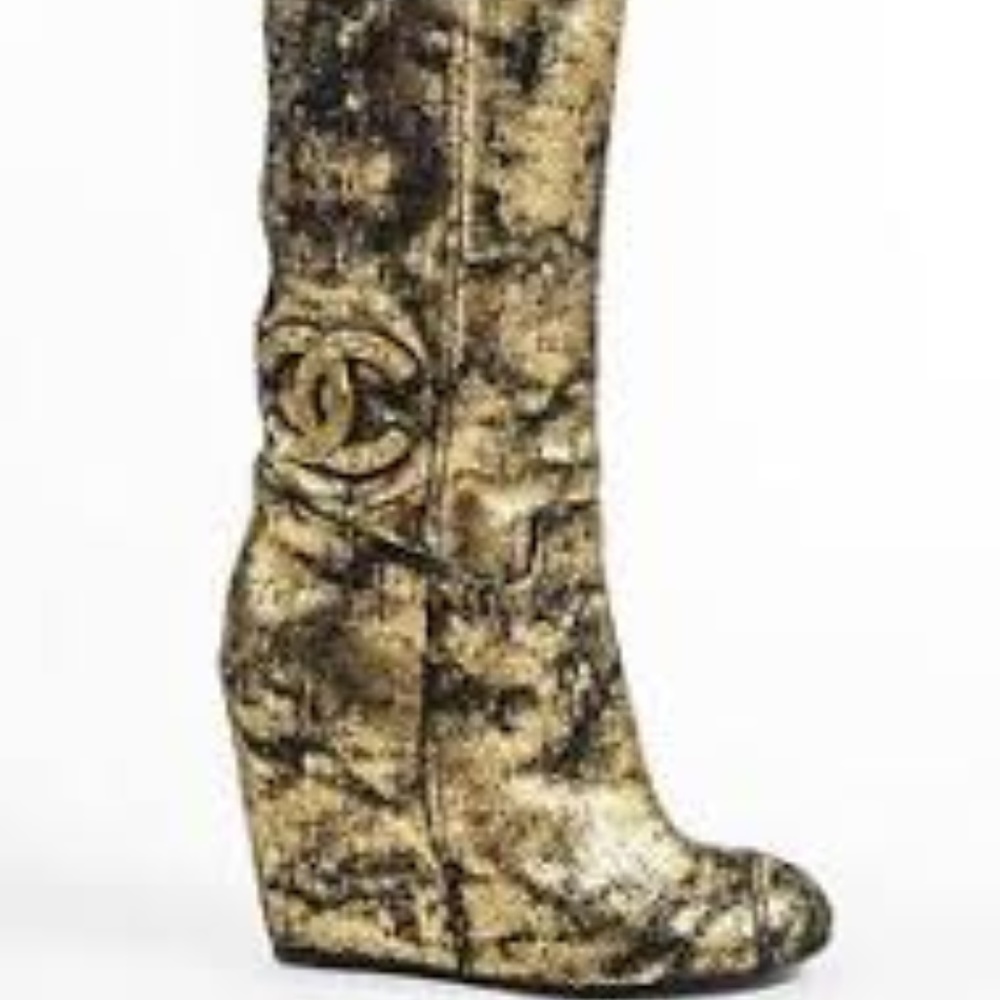 CHANEL Metallic‎ Gold Black Wedge Boots SZ 35.5
